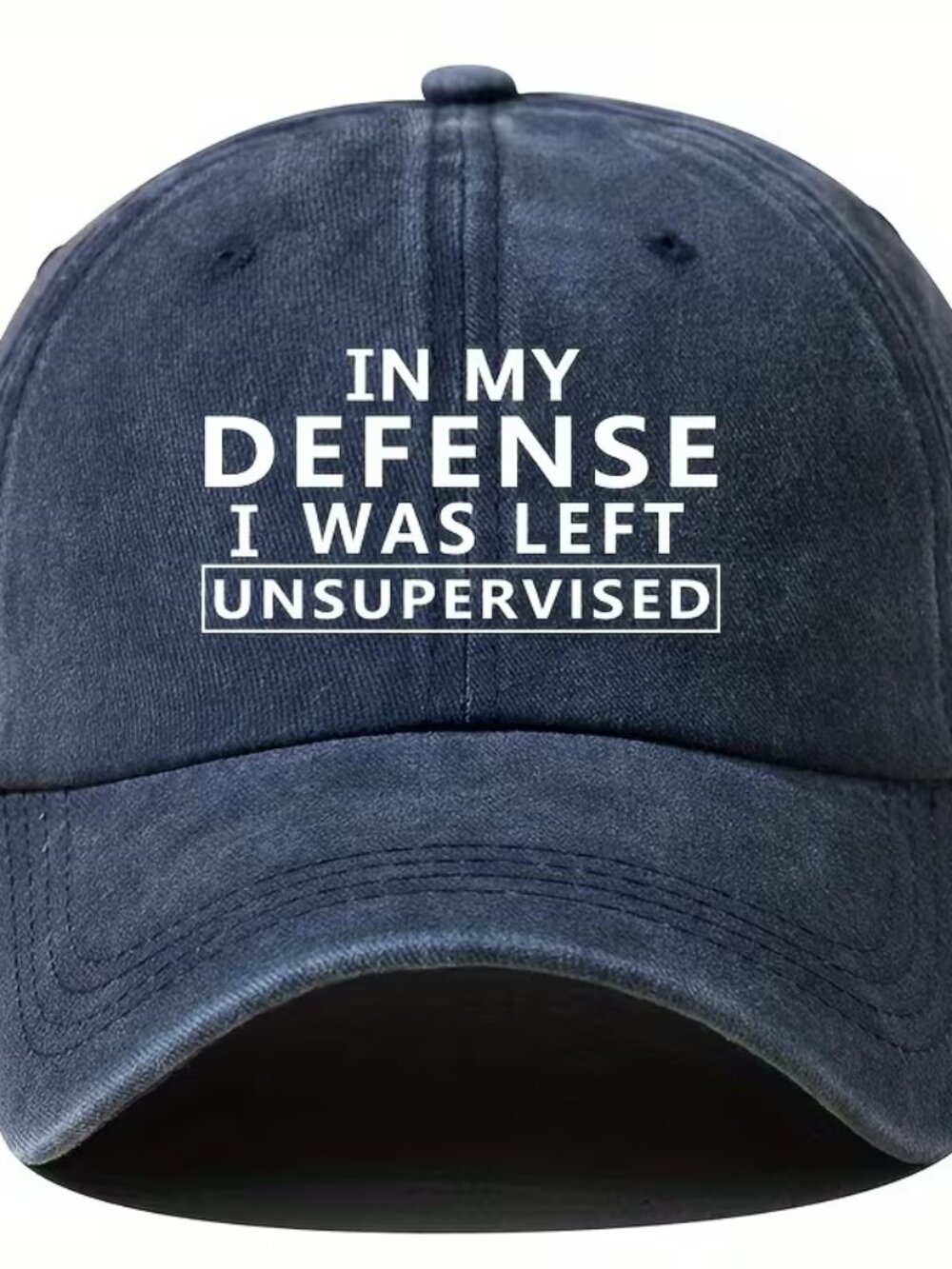 “IN MY DEFENSE I WAS LEFT UNSUPERVISED” Navy Acid Washed Baseball Hat BRAND-NEW!